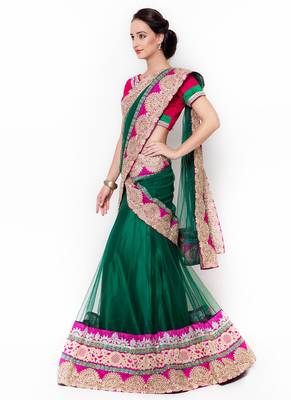 Green Embroidered Net Semi Stitched Lehenga 2
