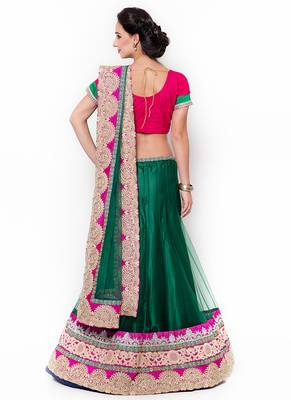 Green Embroidered Net Semi Stitched Lehenga 3