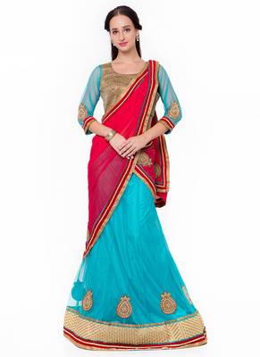 Blue Embroidered Net Semi Stitched Lehenga 1