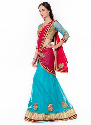 Blue Embroidered Net Semi Stitched Lehenga 2