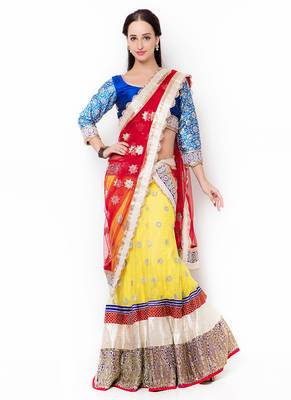 Yellow Embroidered Net Semi Stitched Lehenga 1
