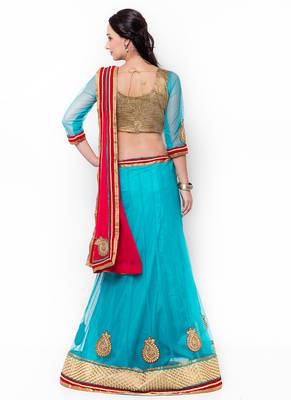 Blue Embroidered Net Semi Stitched Lehenga 3