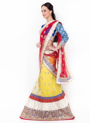 Yellow Embroidered Net Semi Stitched Lehenga 2
