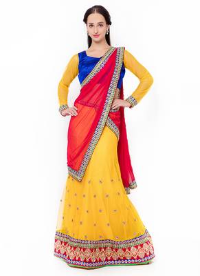 Yellow Embroidered Net Semi Stitched Lehenga 1