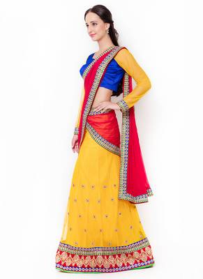 Yellow Embroidered Net Semi Stitched Lehenga 2