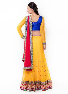 Yellow Embroidered Net Semi Stitched Lehenga 3