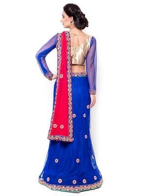 Blue Embroidered Net Semi Stitched Lehenga 3