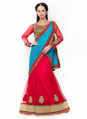 Red Embroidered Net Semi Stitched Lehenga 1