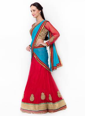 Red Embroidered Net Semi Stitched Lehenga 2