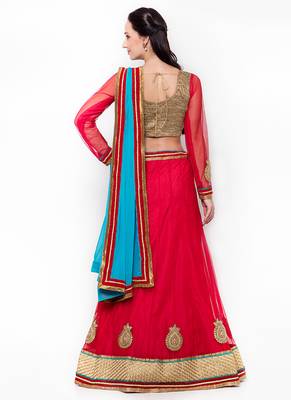 Red Embroidered Net Semi Stitched Lehenga 3