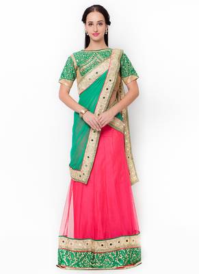 Pink Embroidered Net Semi Stitched Lehenga 1