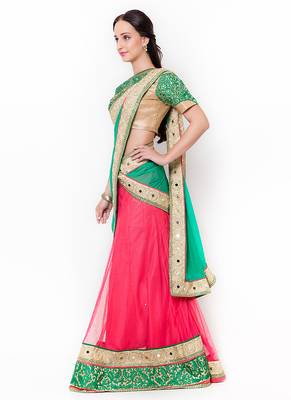 Pink Embroidered Net Semi Stitched Lehenga 2