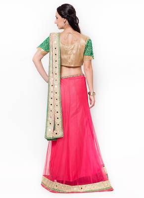 Pink Embroidered Net Semi Stitched Lehenga 3
