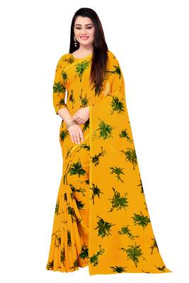 Yellow printed georgette saree with blouse 1