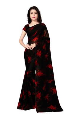 Black printed georgette saree with blouse 2