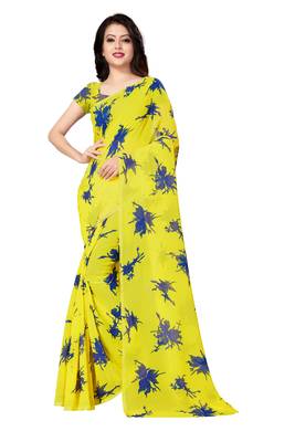 Yellow printed georgette saree with blouse 1
