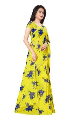 Yellow printed georgette saree with blouse 4