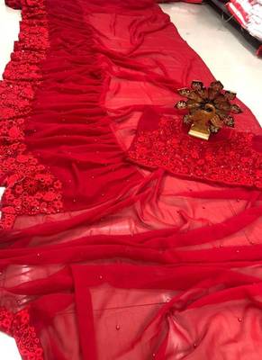 Red Embroidered Work Georgette Bollywood Saree With Blouse 2