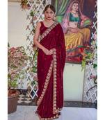 Maroon plain velvet saree with blouse