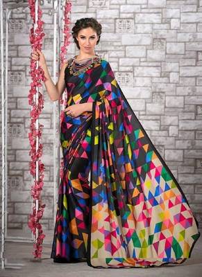Multicolor printed satin saree with blouse 1