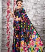 Multicolor printed satin saree with blouse