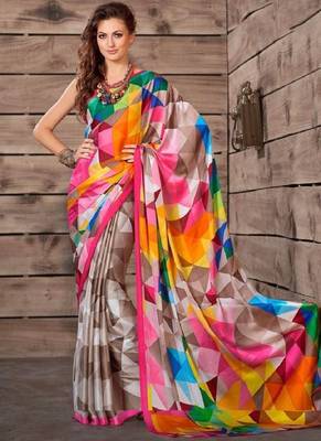 Multicolor printed satin saree with blouse 1
