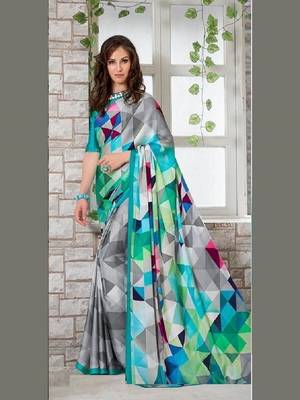 Multicolor printed satin saree with blouse 1