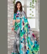 Multicolor printed satin saree with blouse