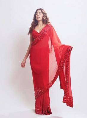 Red embroidered georgette saree with blouse 1