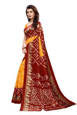 Yellow Printed art silk Indian Style Saree With Blouse Piece 1