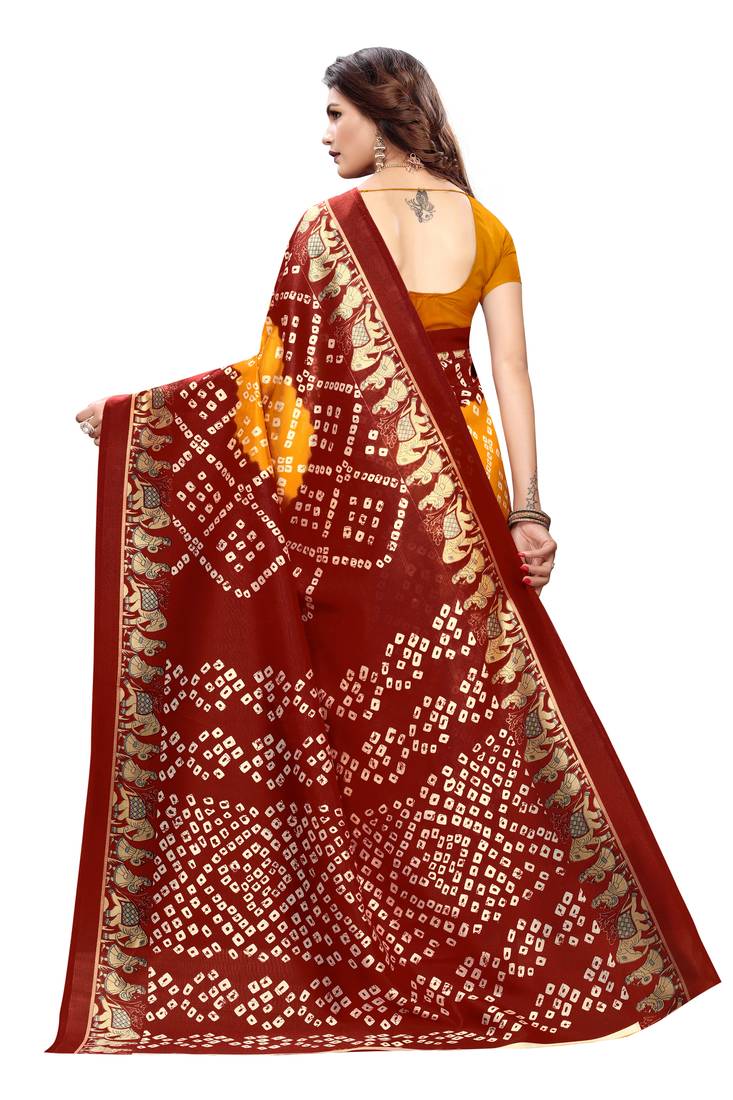 Yellow Printed art silk Indian Style Saree With Blouse Piece