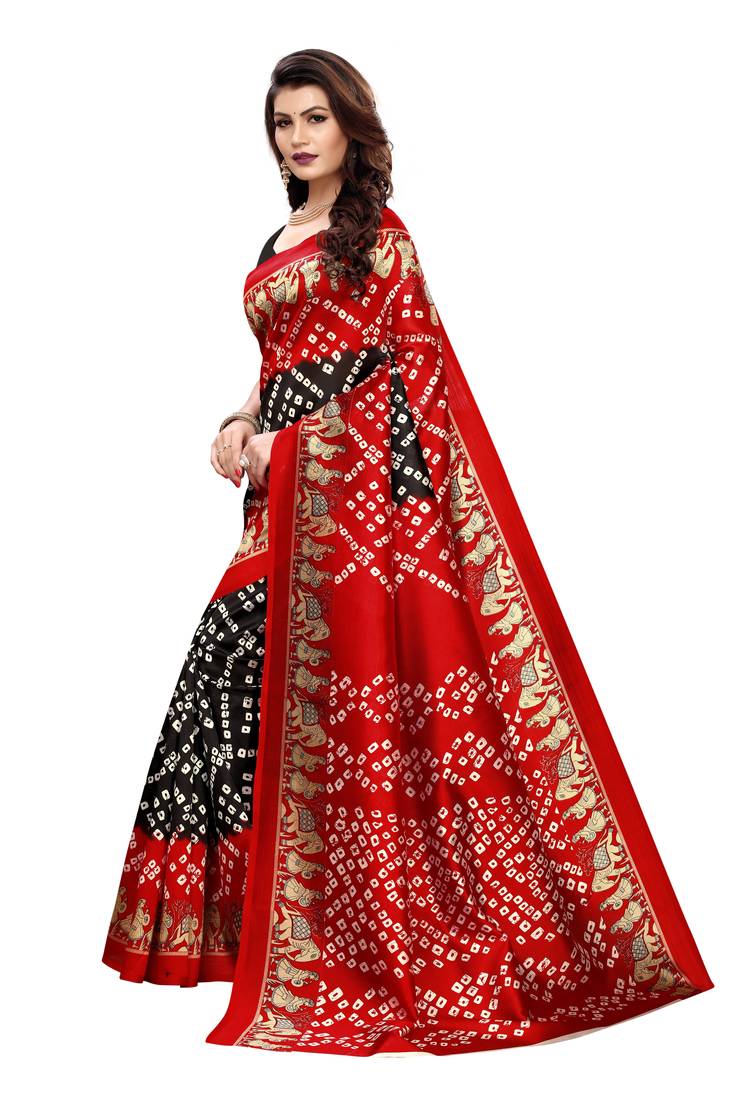 Black Printed art silk Indian Style Saree With Blouse Piece