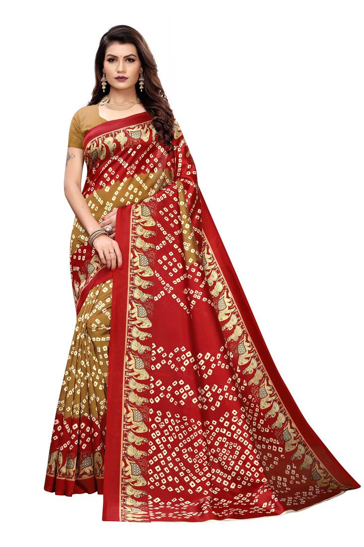 Beige Printed art silk Indian Style Saree With Blouse Piece