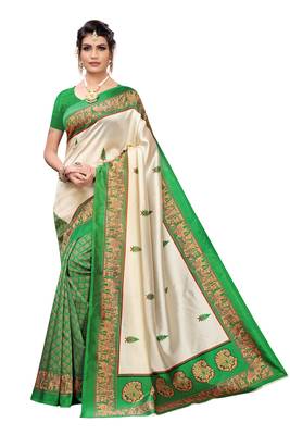 Orange And Green Printed art silk Indian Style Saree With Blouse Piece 1