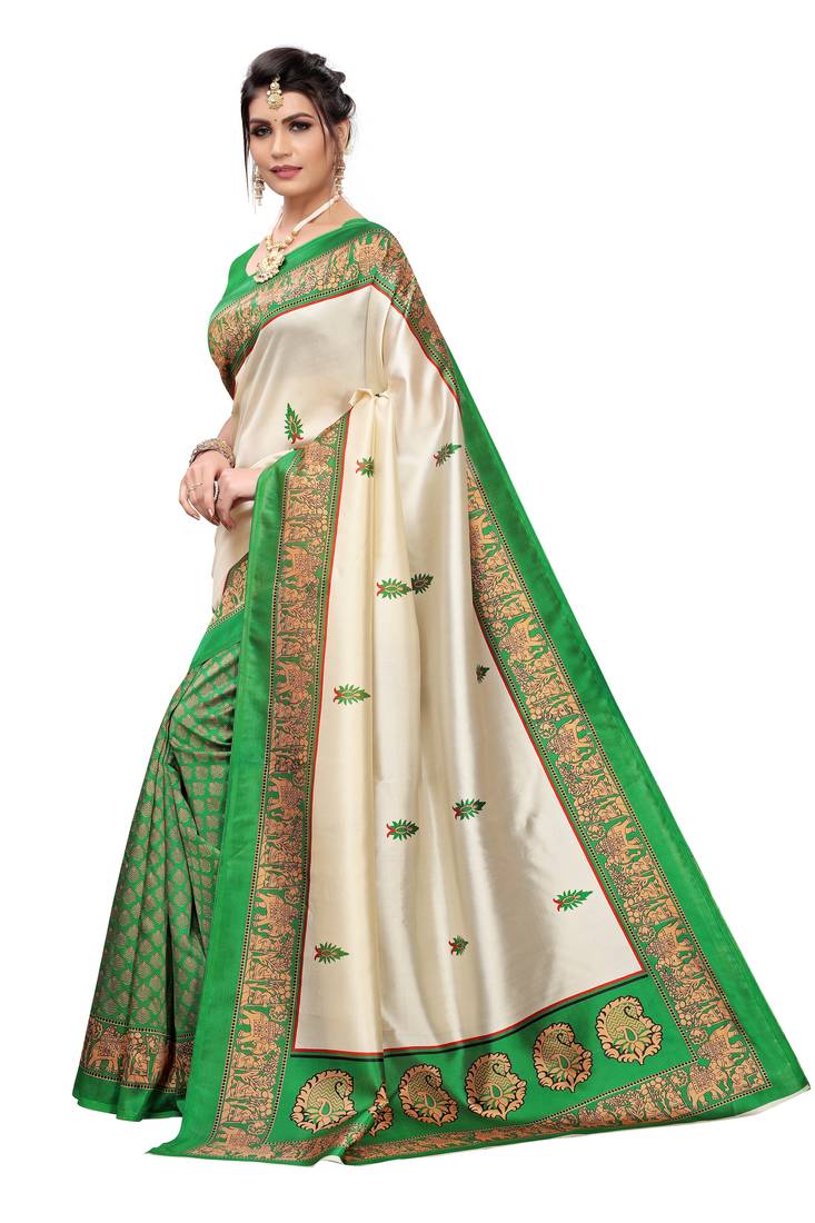 Orange And Green Printed art silk Indian Style Saree With Blouse Piece