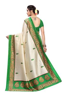 Orange And Green Printed art silk Indian Style Saree With Blouse Piece 3