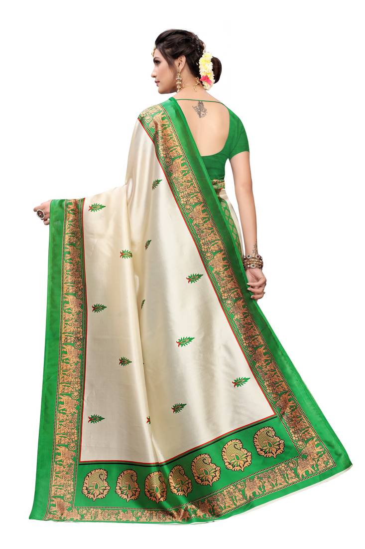 Orange And Green Printed art silk Indian Style Saree With Blouse Piece