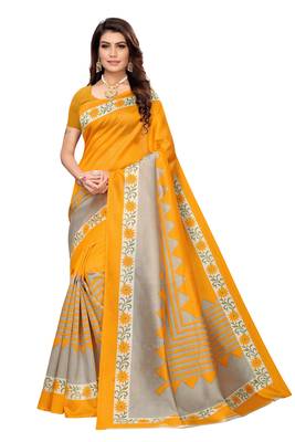 Yellow Printed art silk Indian Style Saree With Blouse Piece 1