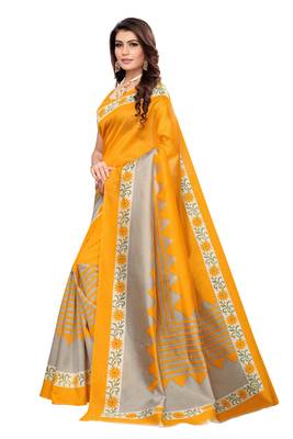Yellow Printed art silk Indian Style Saree With Blouse Piece 2
