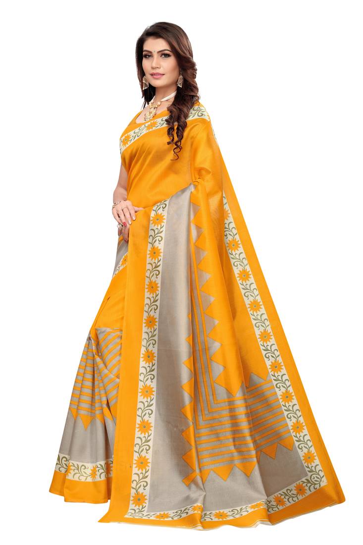 Yellow Printed art silk Indian Style Saree With Blouse Piece