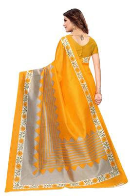 Yellow Printed art silk Indian Style Saree With Blouse Piece 3