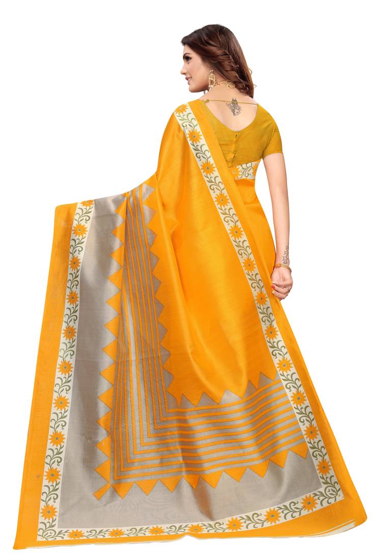 Yellow Printed art silk Indian Style Saree With Blouse Piece