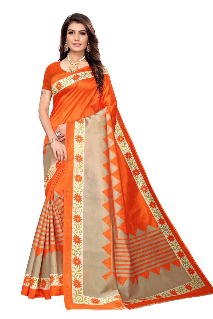 Orange Printed art silk Indian Style Saree With Blouse Piece