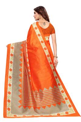 Orange Printed art silk Indian Style Saree With Blouse Piece 3