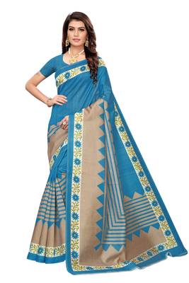 Blue Printed art silk Indian Style Saree With Blouse Piece 1