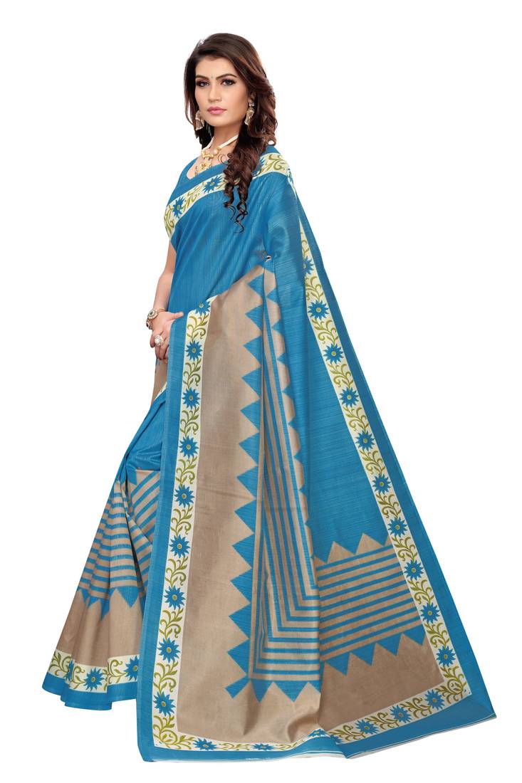 Blue Printed art silk Indian Style Saree With Blouse Piece