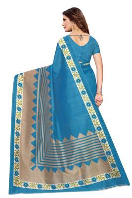 Blue Printed art silk Indian Style Saree With Blouse Piece 3