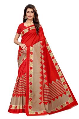 Red Printed art silk Indian Style Saree With Blouse Piece 1