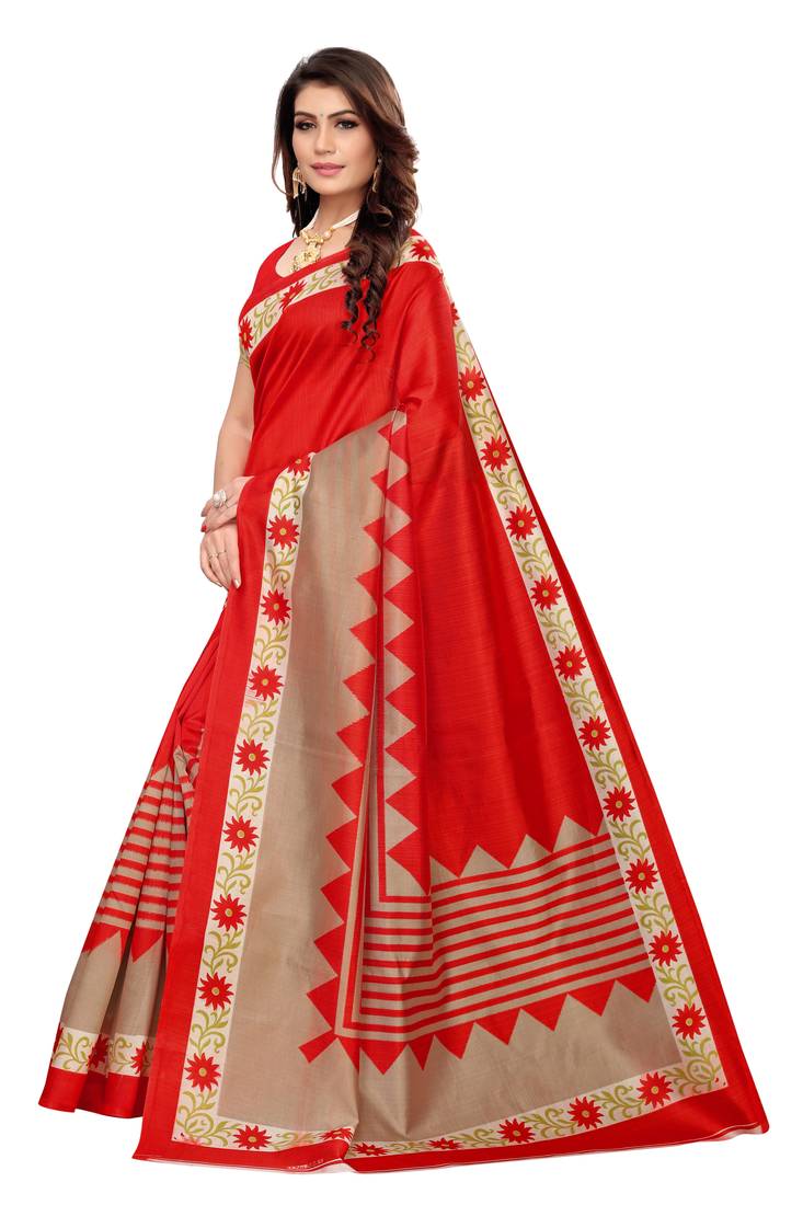 Red Printed art silk Indian Style Saree With Blouse Piece