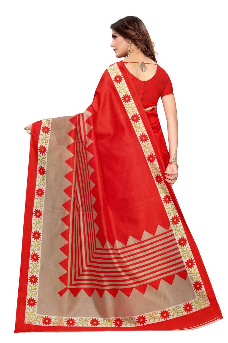Red Printed art silk Indian Style Saree With Blouse Piece